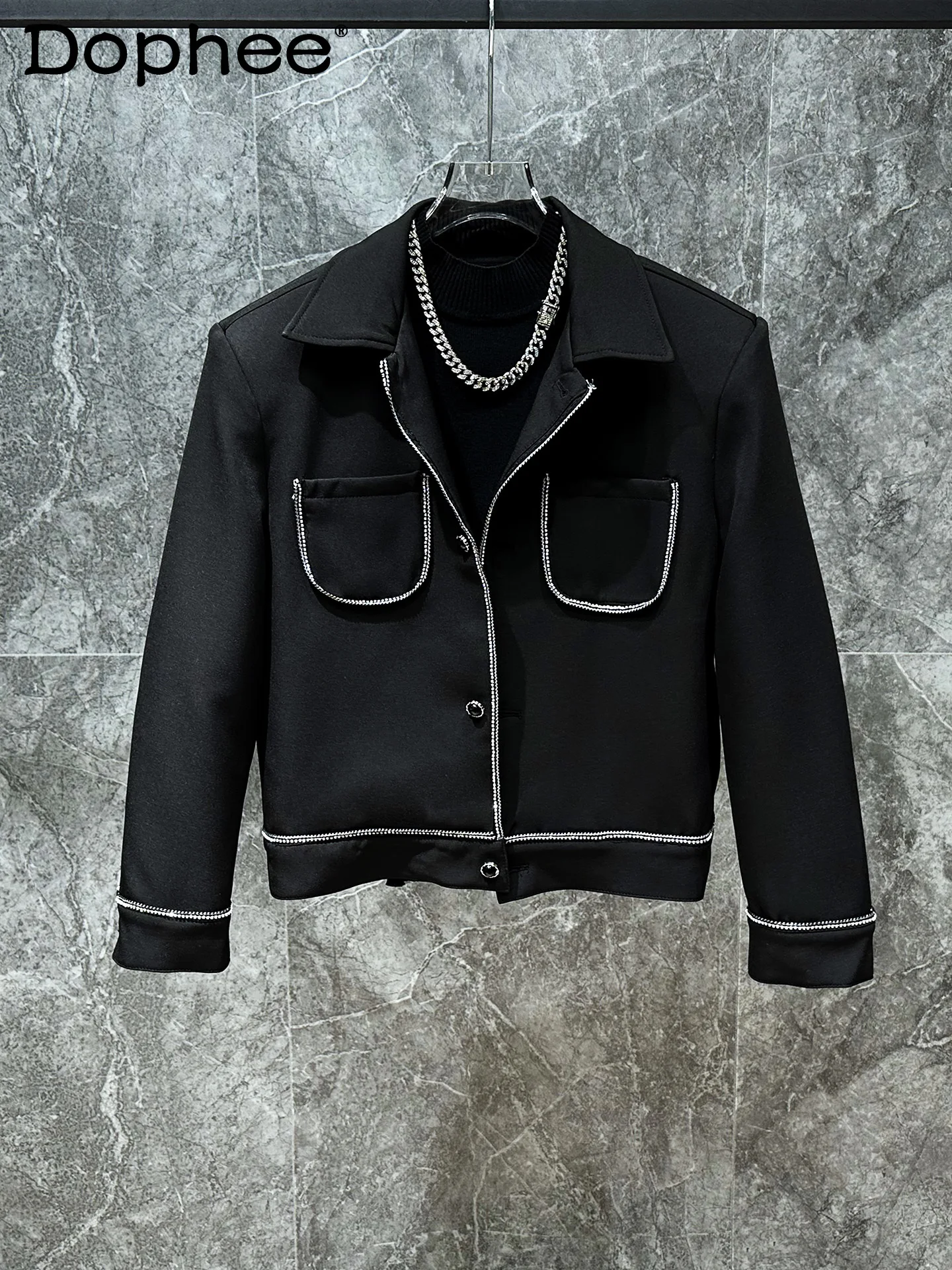 

Autumn Fashion Trend Korean Ins Heavy Embellished Short Jacket Handsome Youth Popular Turn-down Collar Zipper Coat for Men