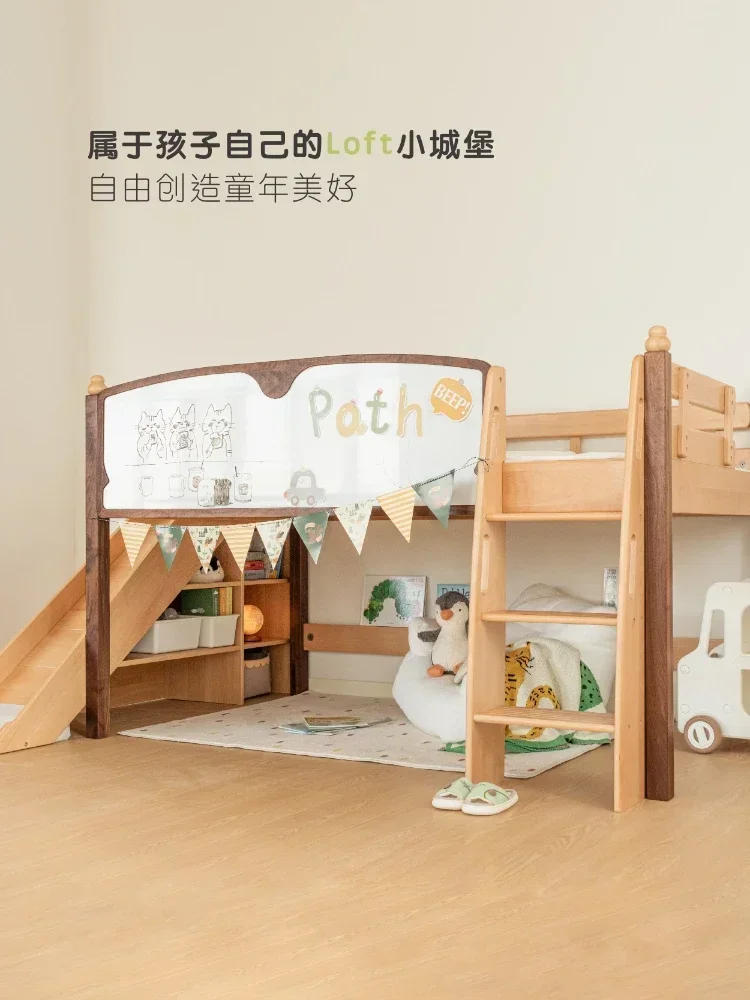 Children's Semi-High Bed Full Solid Wood with Slide Study Table Wardrobe Multi-Functional Guardrail Boys and Girls Bed 1