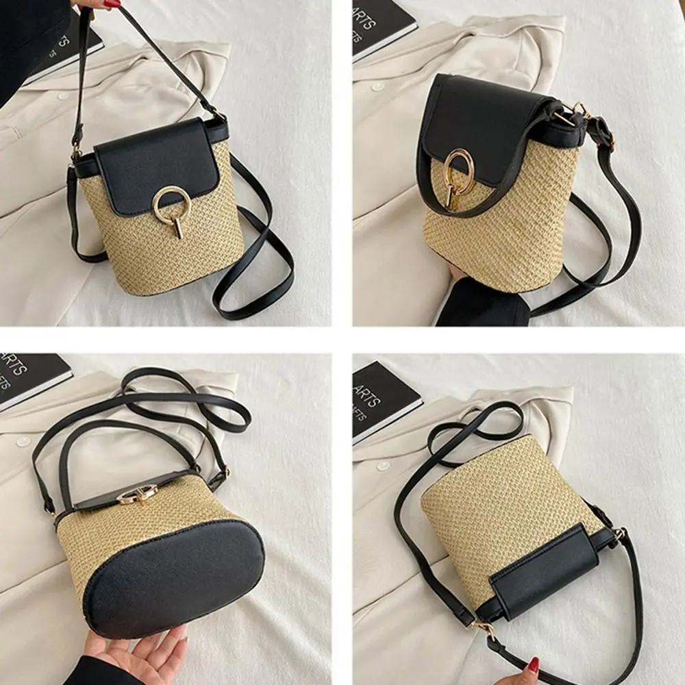 Large Capacity Woven Straw Bucket Bags Trendy Pu Leather Shoulder Bag Beach Handbags Crossbody Bag Tote Bag Raffia Bag Summer