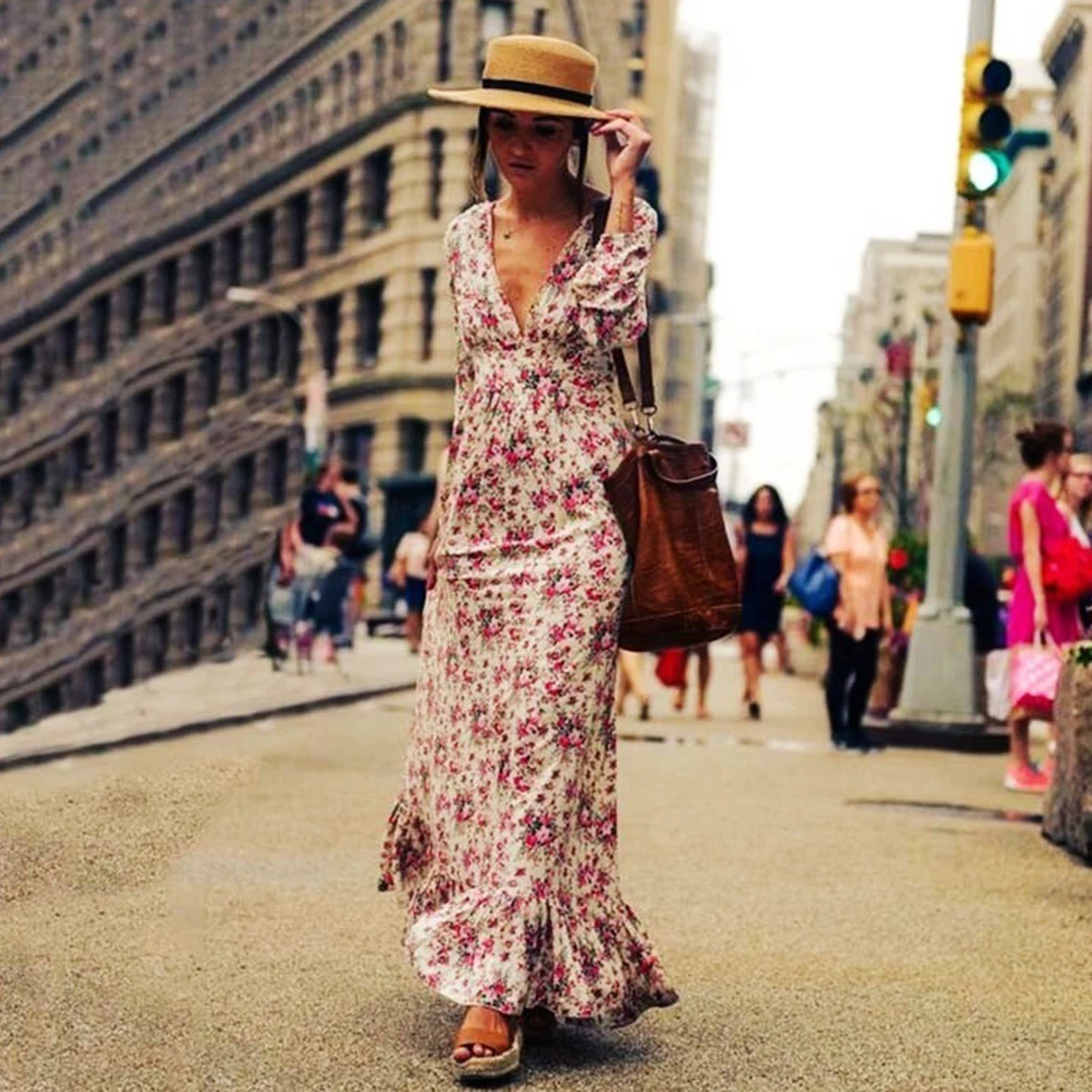 Vestido largo bohemio con estampado Floral para mujer, ropa informal de manga larga con cuello de pico profundo, Estilo Vintage, primavera 2023