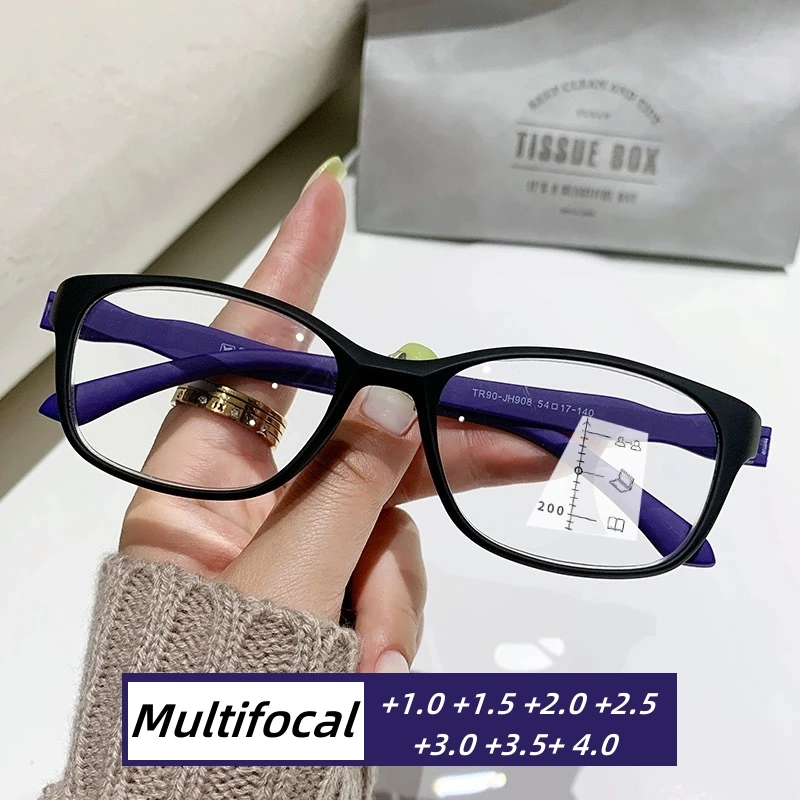 New Fashion Multifocal Reading Glasses for Women Men Square Presbyopia Luxury Retro Ultralight Tr90 Near Far Sight Eyeglasses