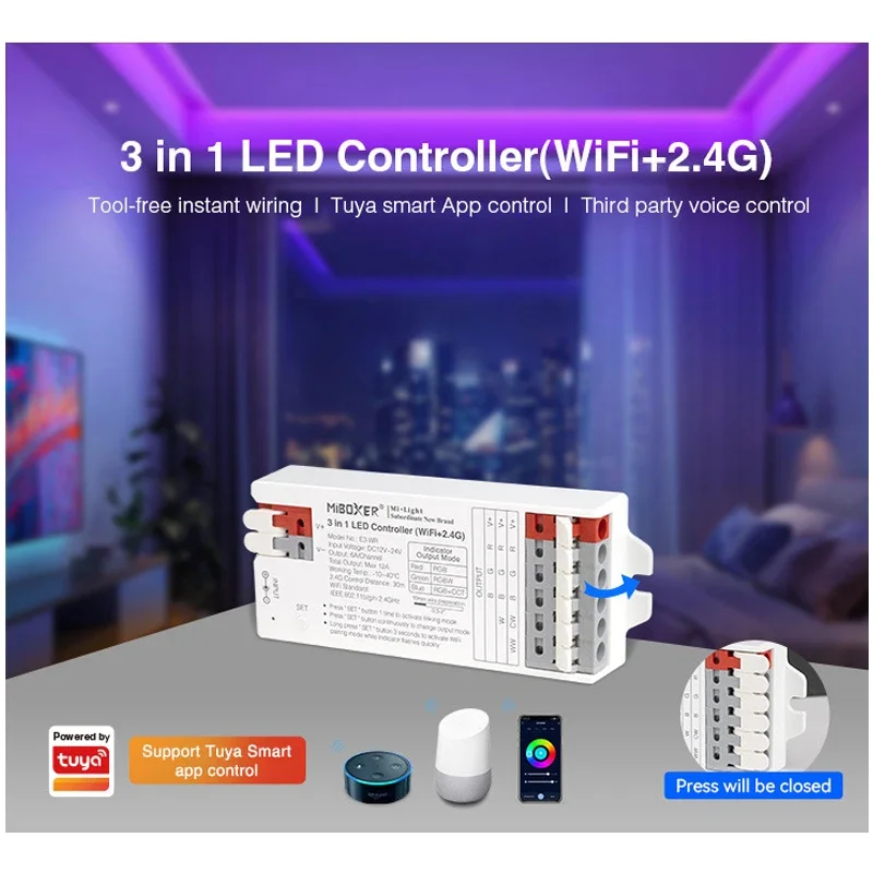 Miboxer WIFI+2.4G  LED Strip Controller Tuya APP third party voice control Support music rhythm DC12~24V