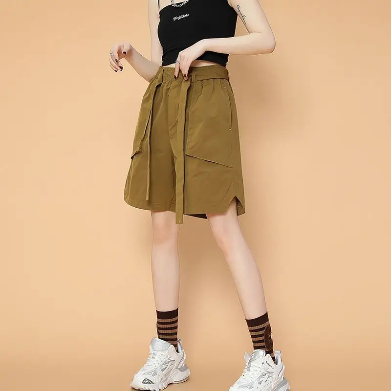 

Summer Vintage Pocket High Waist Cargo Female Casual Lacing Solid Color Elastic Waist Five Quarter Pants Women Clothing Pants