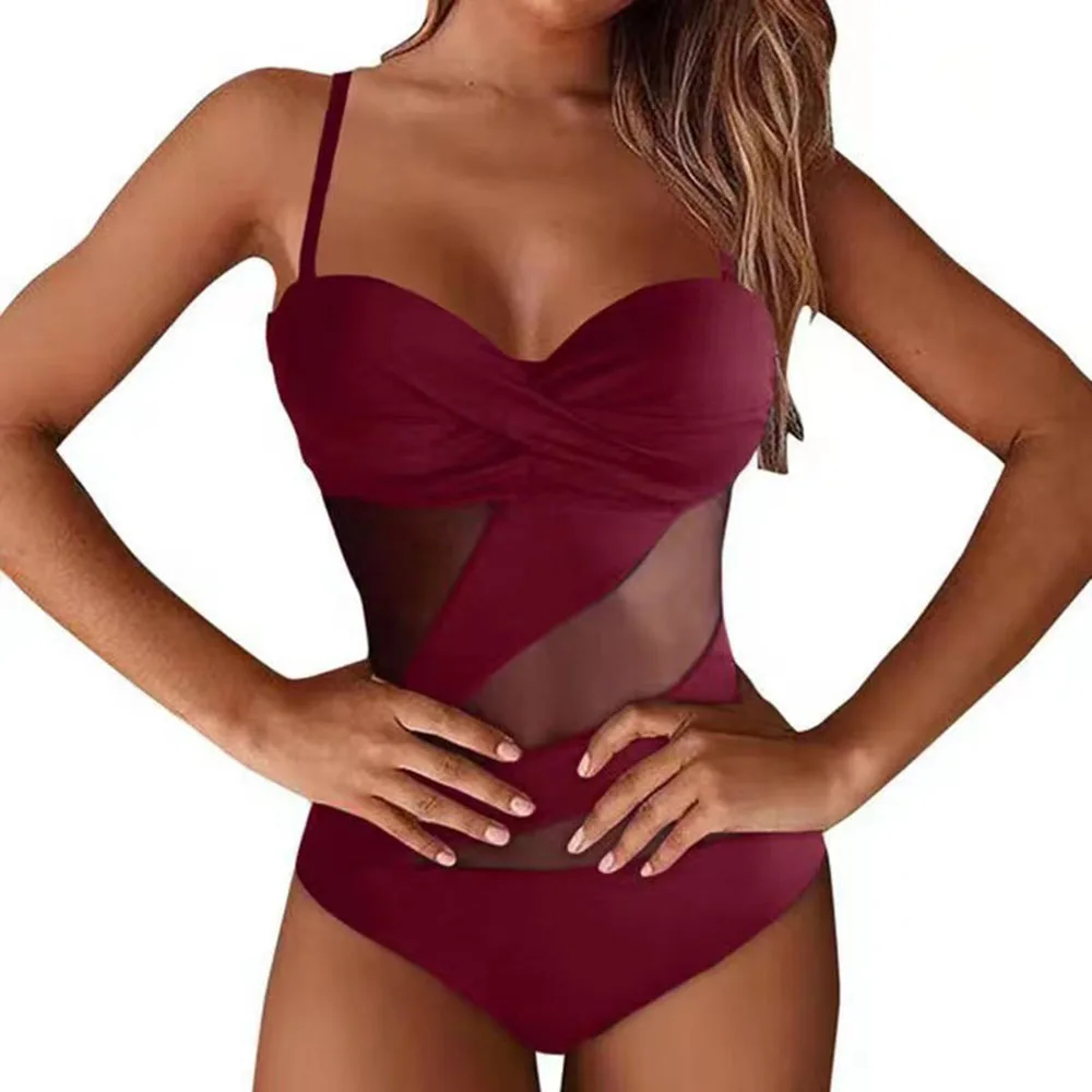 Mesh Patchwork Swimsuit One Piece Solid Swimwear Women Monikini Push-up Bra Hollow Out Bathing Suit Female Summer Beach Bodysuit