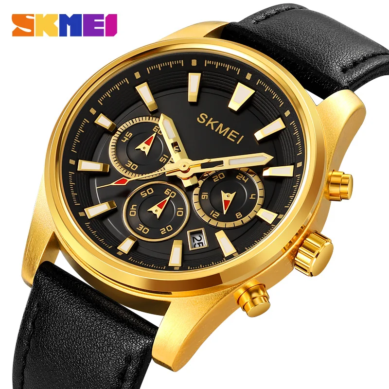 

SKMEI Brand Fashion Luxury Original Swiss Quartz Men Watch Leather Business Sport Waterproof Date Chronograph Wristwatch For Men