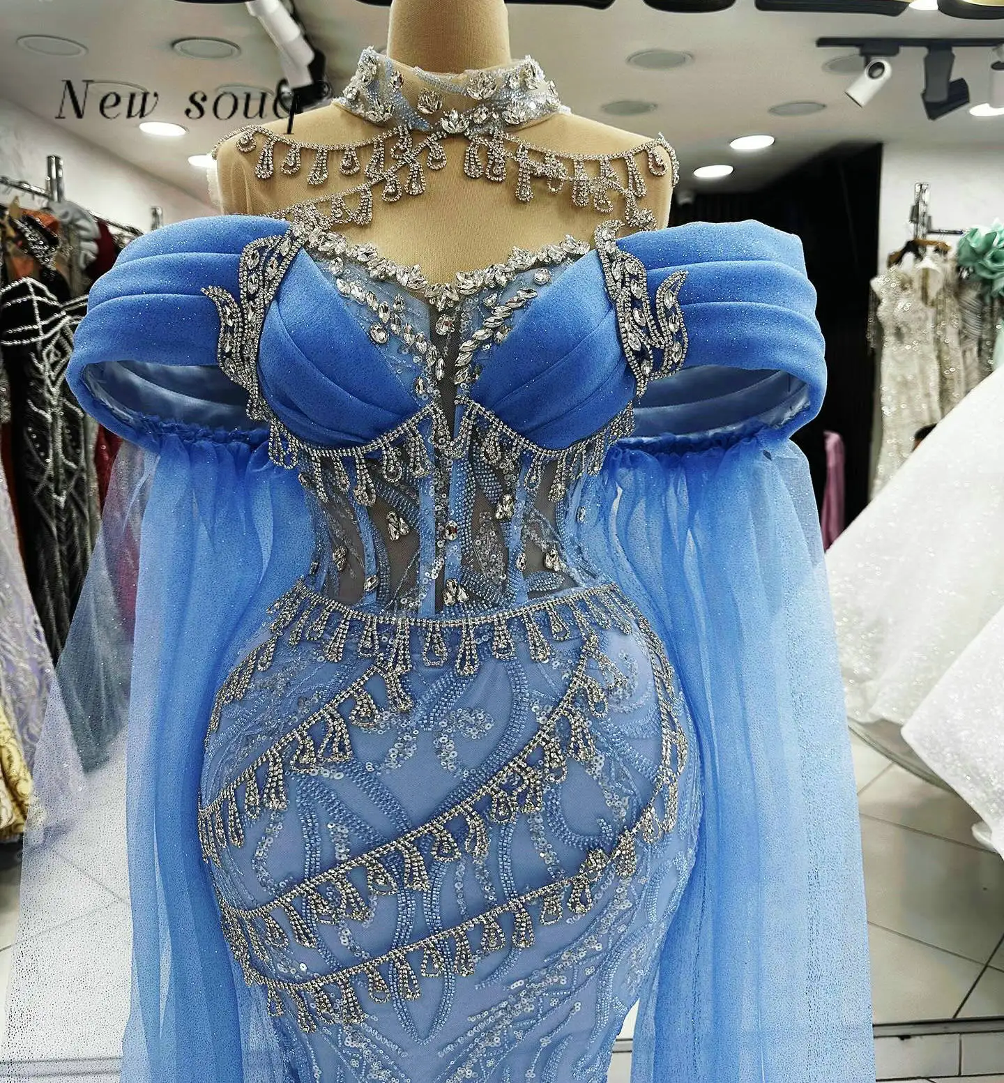 Arabic Blue Off Shoulder Mermaid Long Prom Dresses Formal Crystals Stones High Neck Sequins Wedding Guest Party Wear Gowns