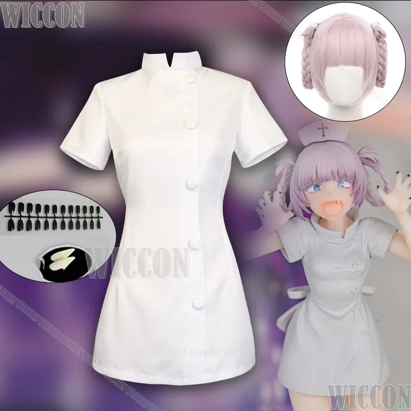 Nanakusa Nazuna Anime CALL OF THE NIGHT Cosplay Costume Prop Purple Wig White Dress Nurse Uniform Tooth Black Nail Customizedc;6