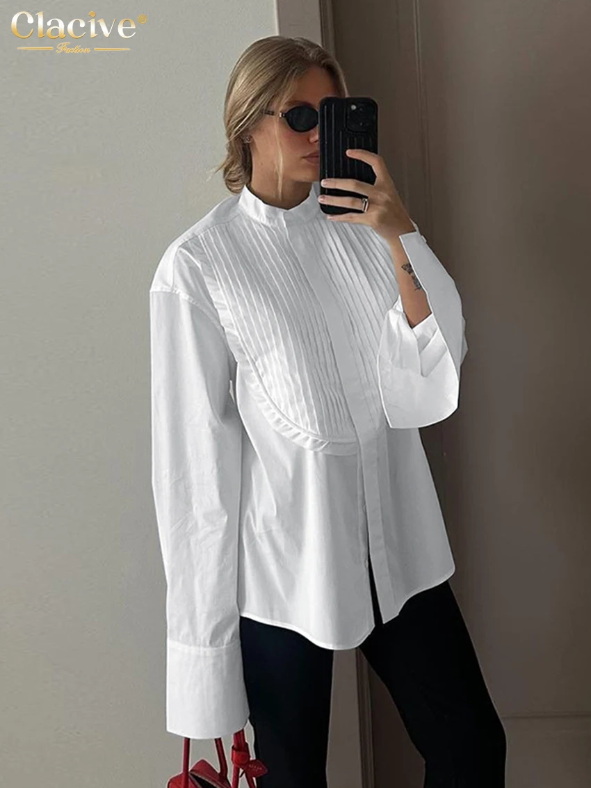 

Clacive Fashion Loose White Women's Blouse 2026 Spring Stand Collar Long Sleeve Lady Shirts Elegant Classic Top Female Clothing