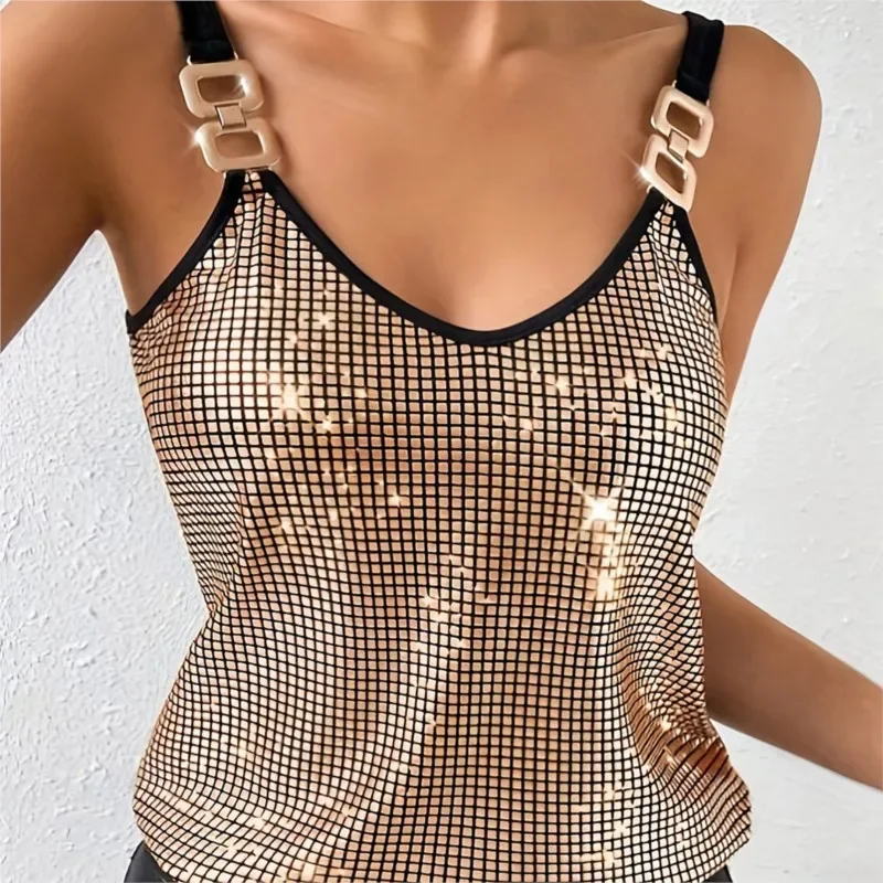 New Style Sequin Chain Camisole For Women Summer V Neck Glitter Tank Tops Fashion Loose Sexy Backless Party Vest Women's Tanks