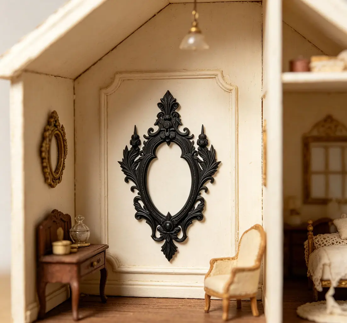 

1:12 Scale Dollhouse Gothic Baroque Frame, Ornate Black Oval Photo Frame, Dark Aesthetic Scene Decor, Vintage Style Accessory
