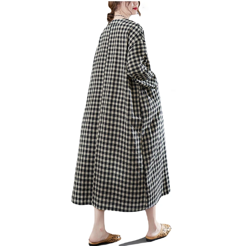 Retro Long Sve V-Ne Cotton Lin Dr plus Size Women's Clothing High Waist Spring Faion Commute Sle Printed Dr
