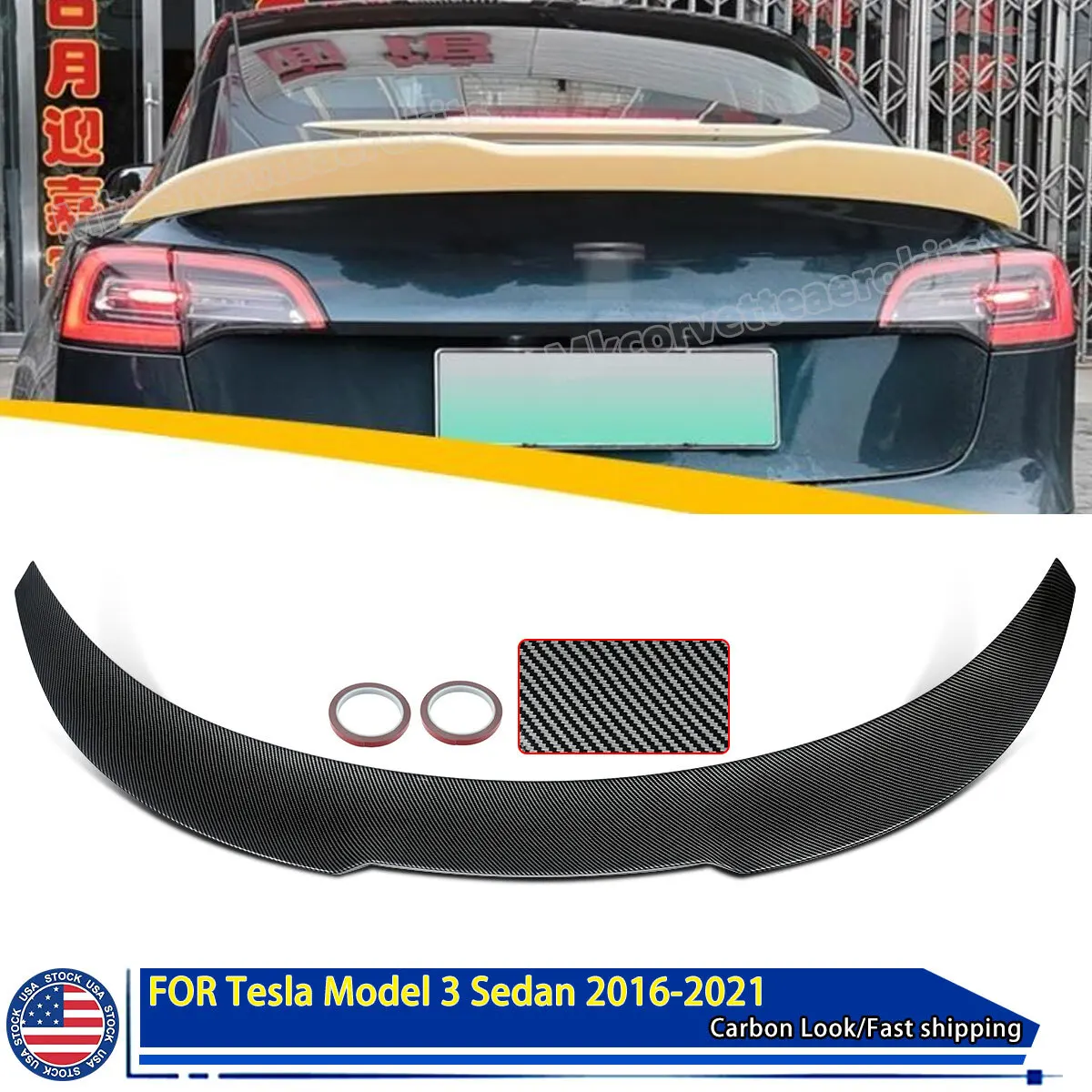 

For Tesla Model 3 Rear Trunk Wing 2016 2017 2018 2019 2020 2021 Caron Fiber Color Trunk Spoiler Lip High Kick PSM Style Tail Fin