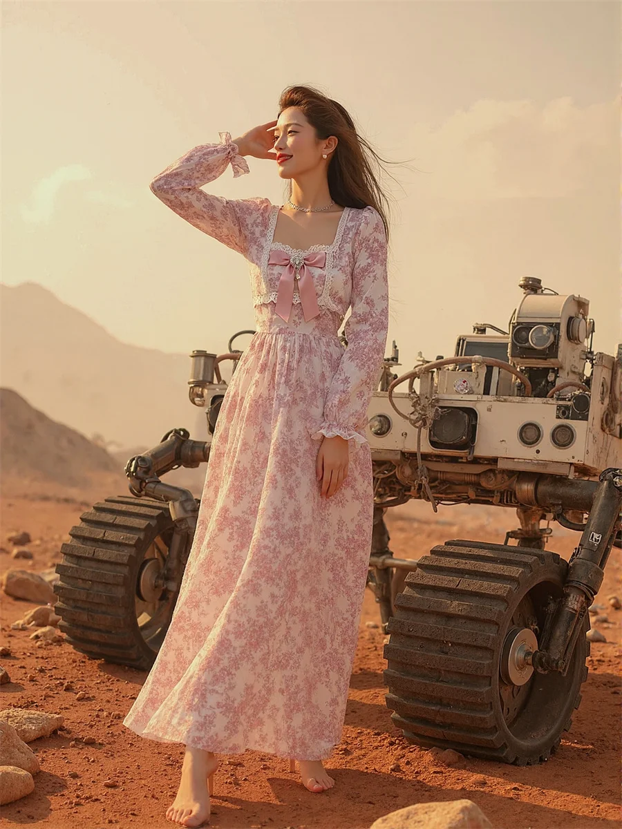 Robe rose femme mi-mollet ample douce Cottagecore Fairycore esthétique esthétique littéraire Boho bohème Vintage rétro