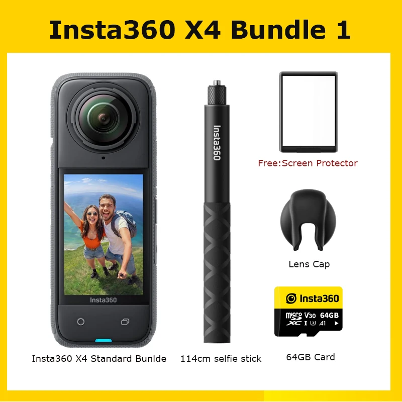 Original Insta360 X4 Standard Bundle + 114cm Invisible Selfie Stick + X4 Lens Cap + Insta360 Memory Card Bundle