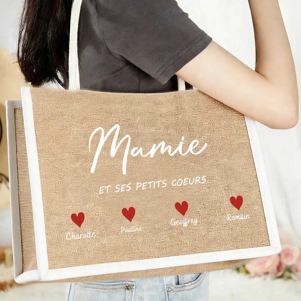 Personalize Grandma and Her Little Hearts Jute Tote Bag Grandmother's Day Gift Personalized Grandma Jute Bags Granny Handlebag