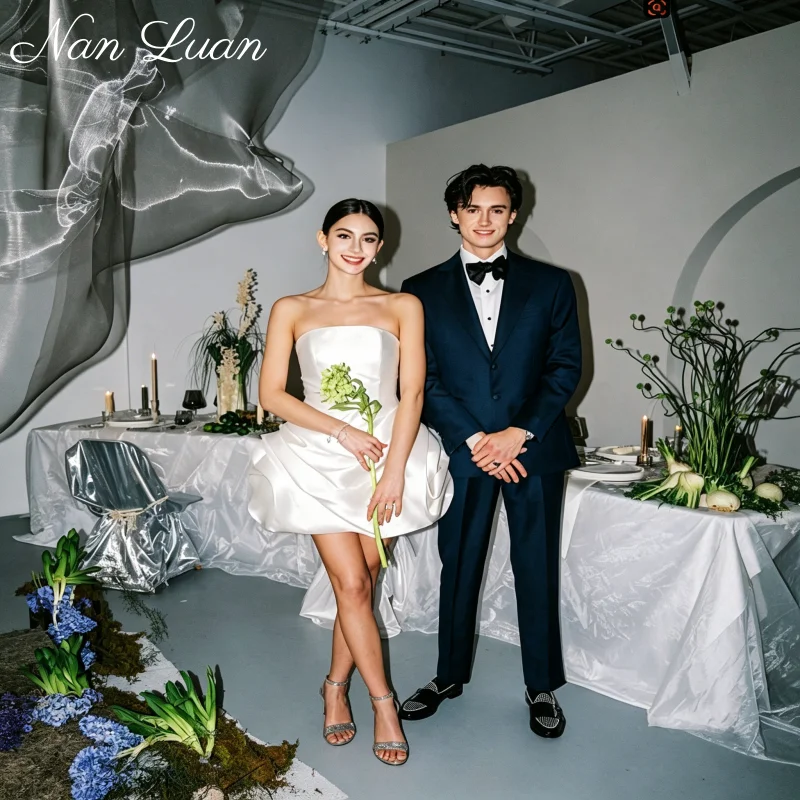 

26 Styles Strapless Satin Short Wedding Dress Ruched Bubble Mini Skirt Civil Wedding Vestidos de Novia Customized