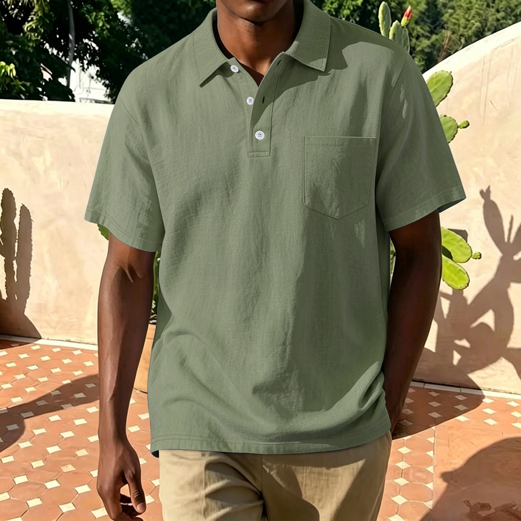 Summer New Men Linen Polo Shirts With Pocket Turn Collar Short Sleeve European Style Loose Fit Breathable Casual Daily Male Tees
