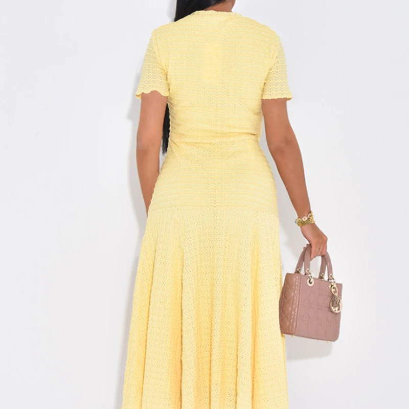 

Elegant Button Women's Summer Round Neck Long Dress Vintage Casual Solid Color Short Sleeved Party Slim Midi Dresses Vestidos
