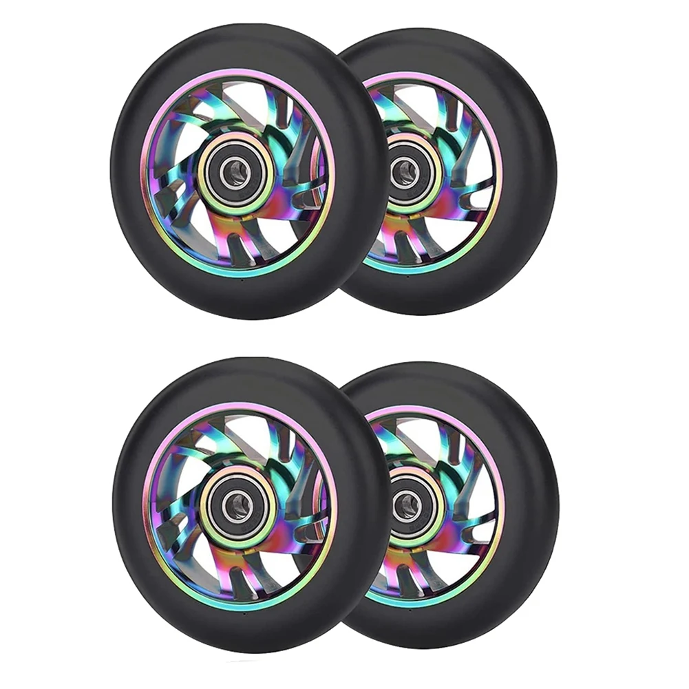 4 Pcs 100mm Scooter Replacement Wheels with Bearing Stunt Scooter Pu Wheels for Rocking Cars, Extreme Cars, Scooters