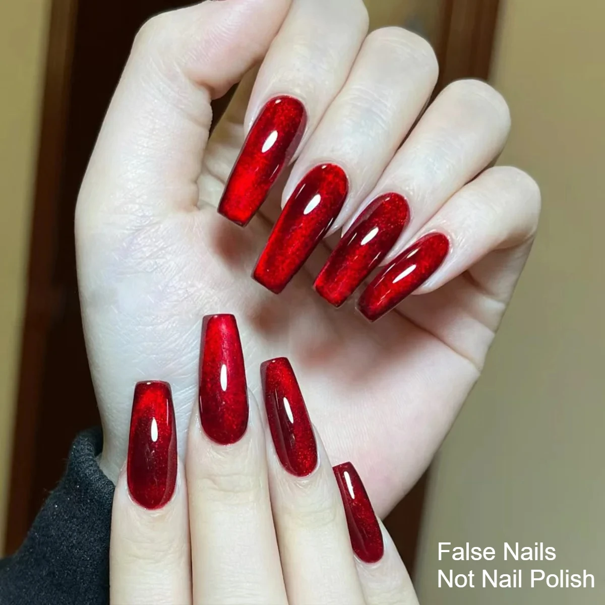 Black Red Halo Dyeing Shiny Almond Fake Nails Art Halloween Y2K Long Pointed False Nails Charm Cat Eye Square Press on Nails Tip
