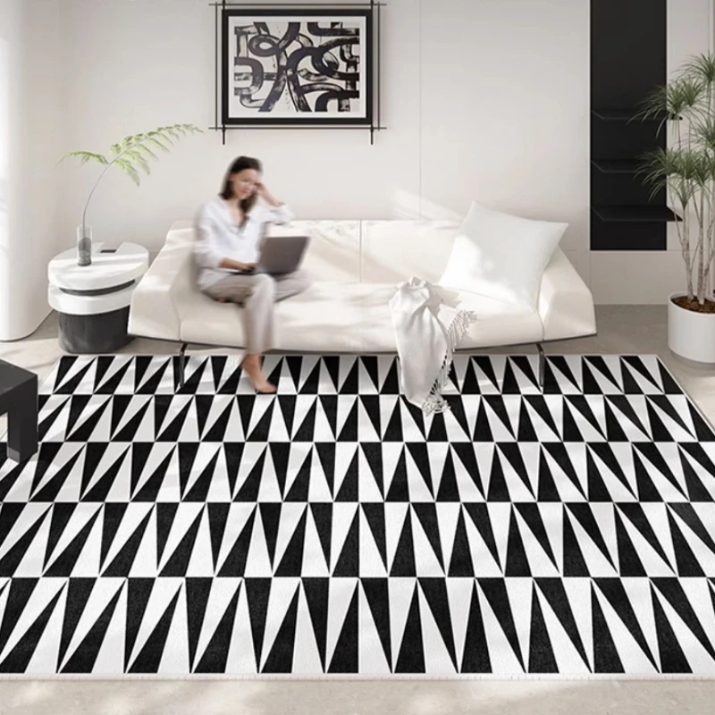 Black White Plaid Carpet Washable Non-slip Rugs for Bedroom Light Luxury Bedside Mat Minimalist Living Room Decoration Soft Rug