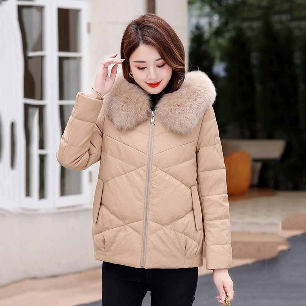 Nouveau Femmes Cuir de mouton Veste en duvet Hiver Mode Chaleur Capuche Col en fourrure de renard véritable Duvet de canard Manteau en cuir Loose Épais Manteau de dessus