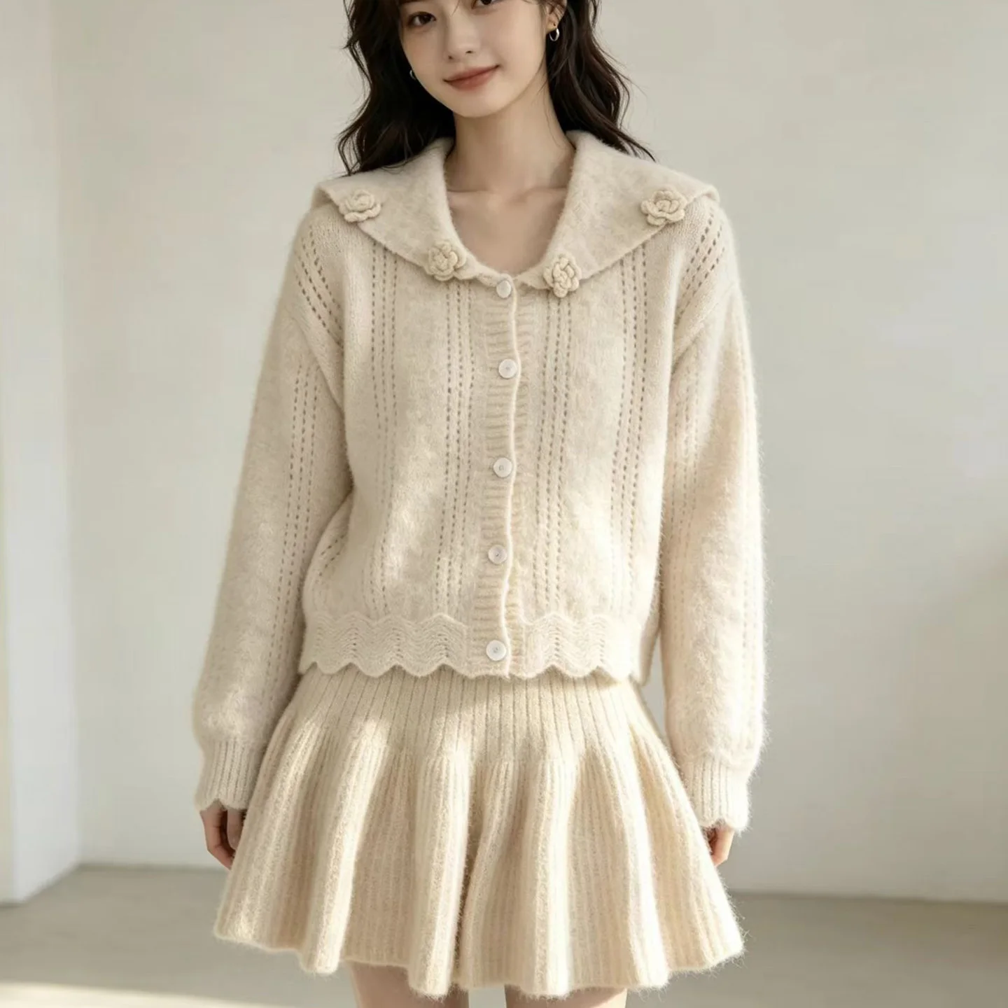 Original High Quality Women's Long Sleeve Knitted Sweater And Skirt Set Autumn Winter Casual Sportswear Three Piece Set