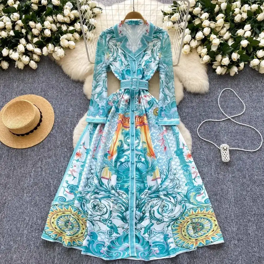 BabYoung Haruku Hong Kong Style Turn-Down Collar Shirt Dress Vintage Court Big Swing Belt Robe Mid-Length Korea Slim Waist Mujer