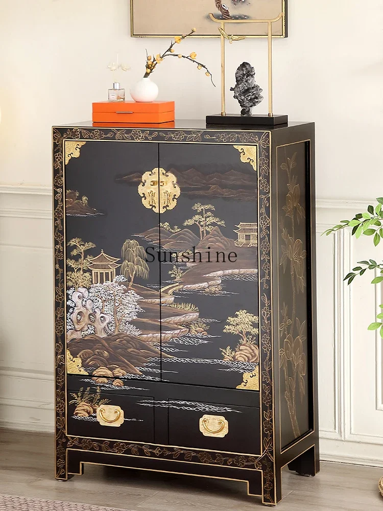 New Chinese classical solid wood black gold-painted integrated entrance shoe cabinet decorative locker