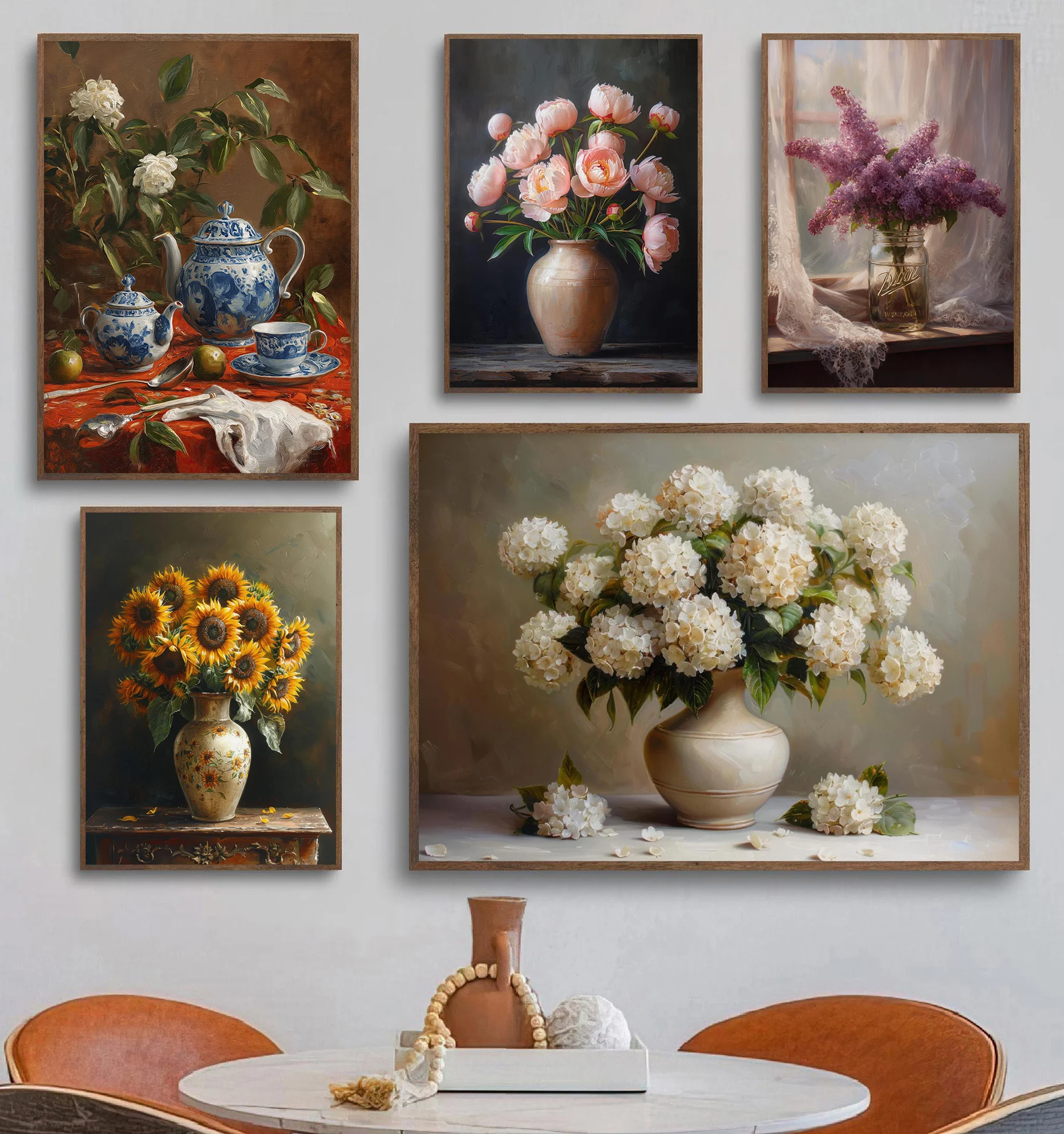 Classic Color Still life Vase Flower Art Hydrangea Carnation Peony Retro Poster Canvas Paintings Wall Art Pictures Home Decor