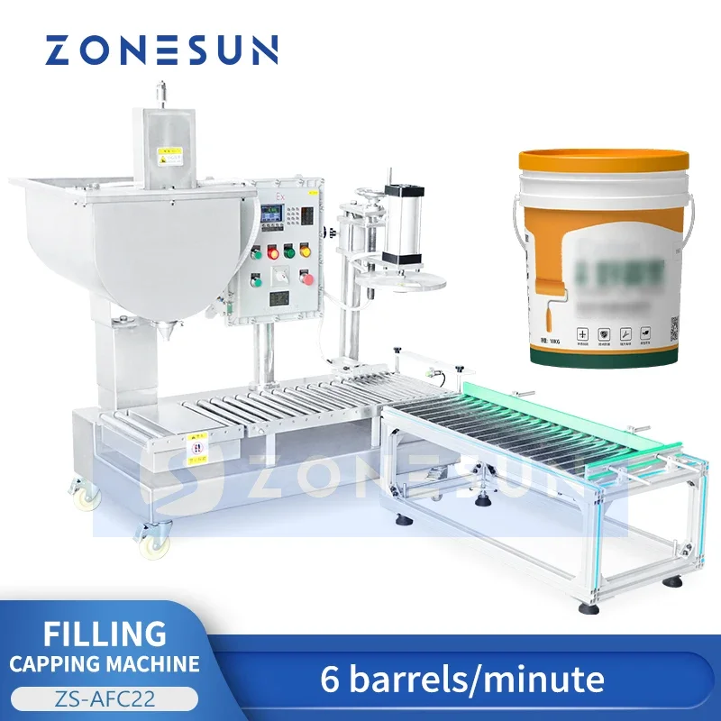 ZONESUN-máquina taponadora de llenado y pesaje de cubo de pintura de 5 galones, equipo de embalaje de cubo de pintura a prueba de explosiones, ZS-AFC22