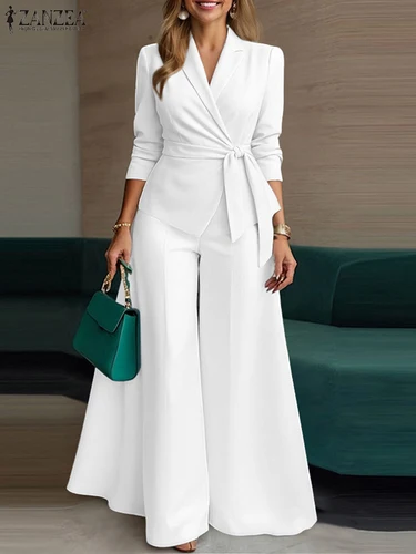 Imagen 1 del producto ZANZEA-Conjunto de pantalón elegante de 2 piezas, chaqueta ligera con cinturón de manga larga y pantalón de pierna ancha, trajes de 2 uds., conjuntos de desplazamientos para mujer de oficina