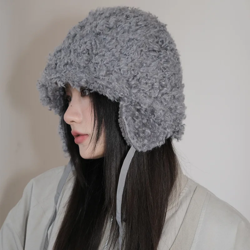 

Korean Retro Plush Ear Protection Bomber Hats for Women Autumn and Winter Outdoor Thickened Warm Cute Strap Russian Ski Caps