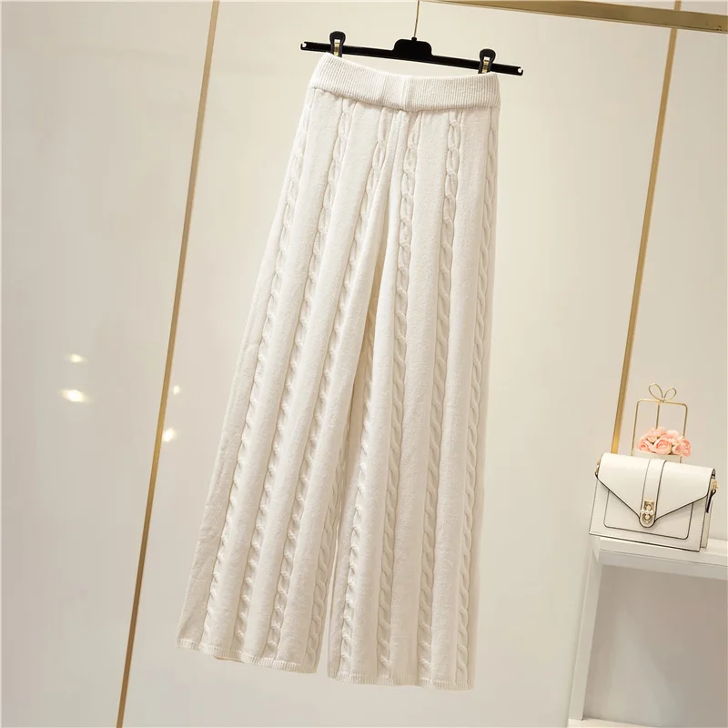 秋冬用厚手暖かいパンツ レディース カジュアル ウエストゴム ニットパンツ ルーズで快適なワイドレッグトラウザーズ