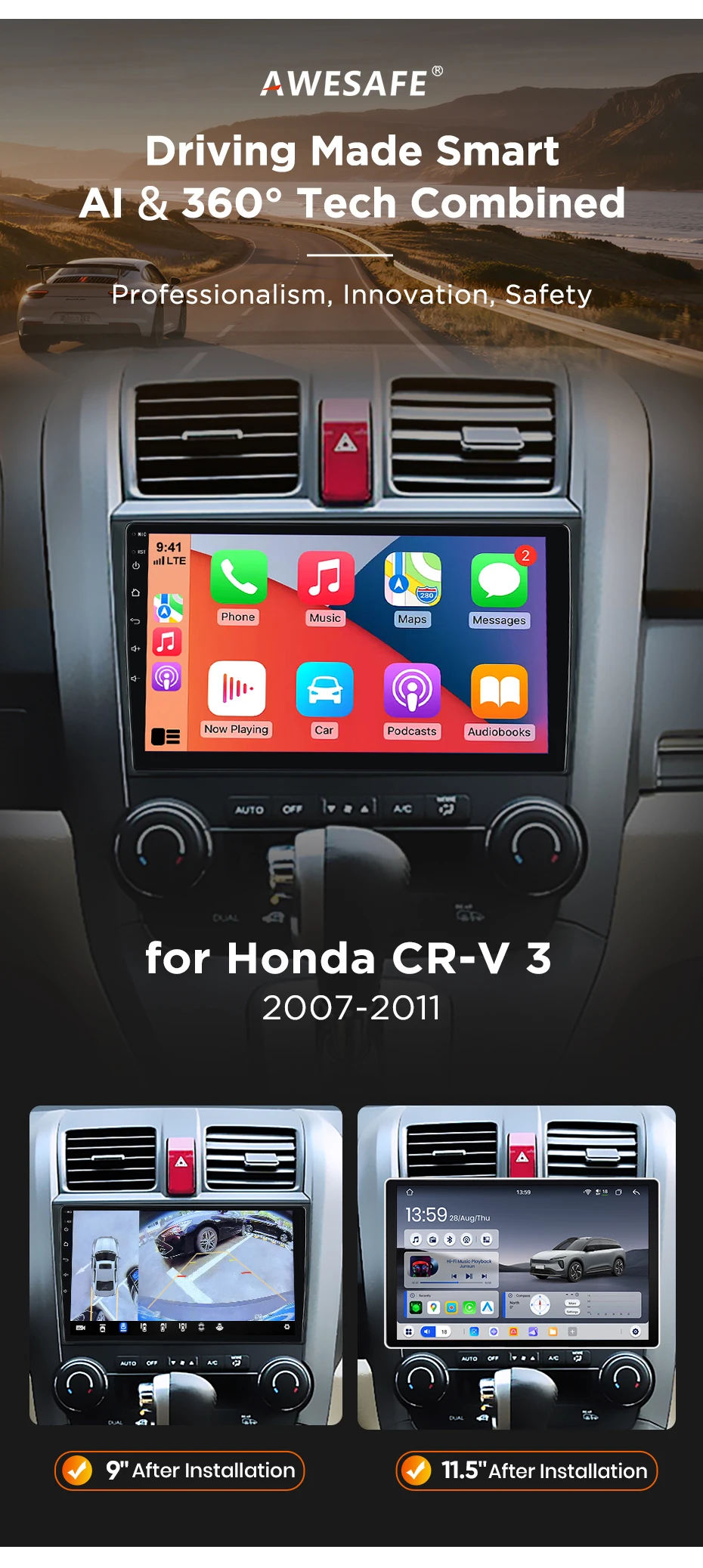 AWESAFE 9-Zoll-Android-Radio für Honda CR-V 3 RE CRV 2007-2011, kabelloses CarPlay & Android Auto, GPS-Navigation, Multimedia, Unterstützung für Lenkradsteuerung, Subwoofer, Verstärker, Rückfahrkamera, EU Plug-and-Play, DAB+, digitales Autoradio, 2-DIN-Autoradio, Stereo, RDS, DSP, FM – Detail 4