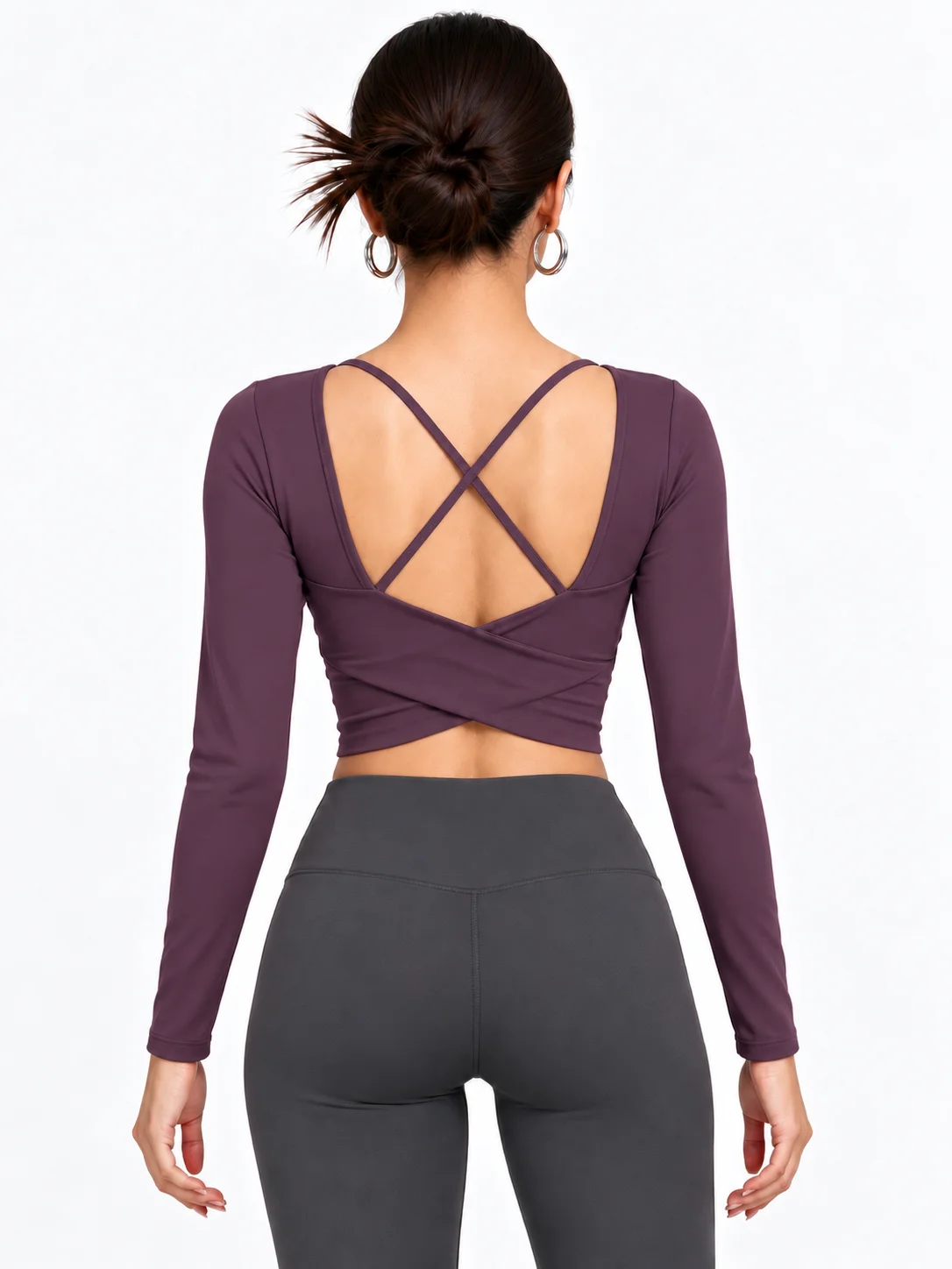Women's Long Sleeve Cropped Athletic Top, V Neck Wrap Back Yoga Shirt with Criss Cross Straps for Gym and Pilates