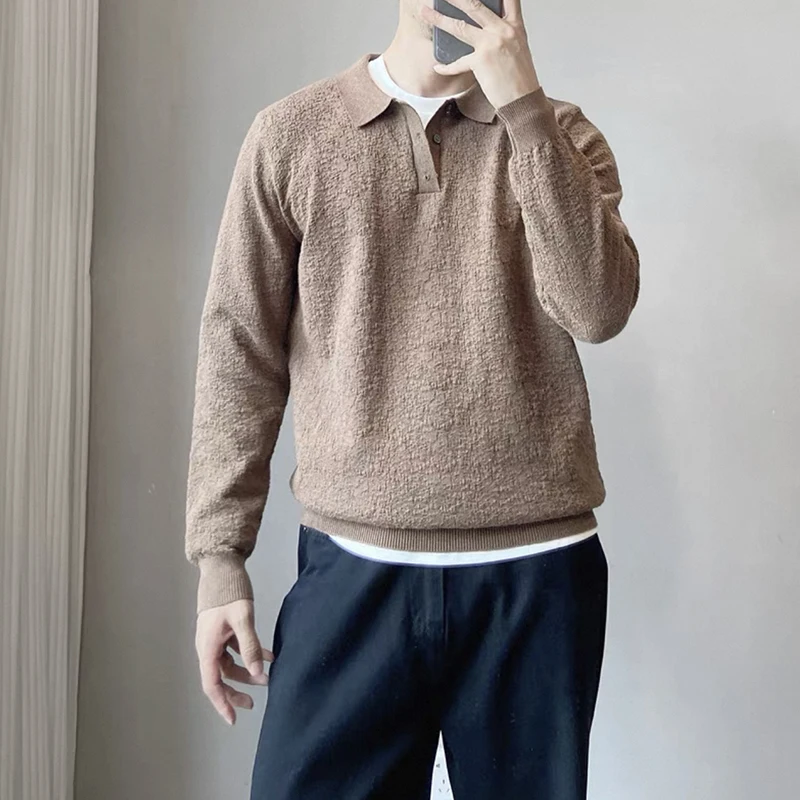 

2025 Autumn Winter Wrinkle Texture Solid Color Lapel Knit Sweater Base Sweater Men Long Sleeve Casual Business Pullover Sweater