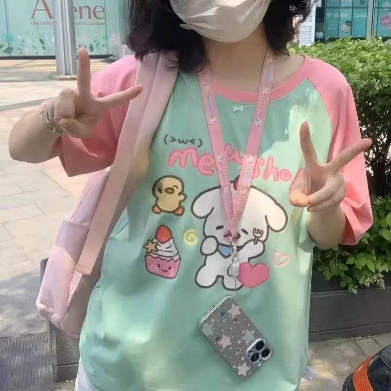 2027 Special Offer Girls Harajuku Y2K Cartoon Printed Shoulder T-shirt Loose Large Round Neck Short Sleeve Street Style Top