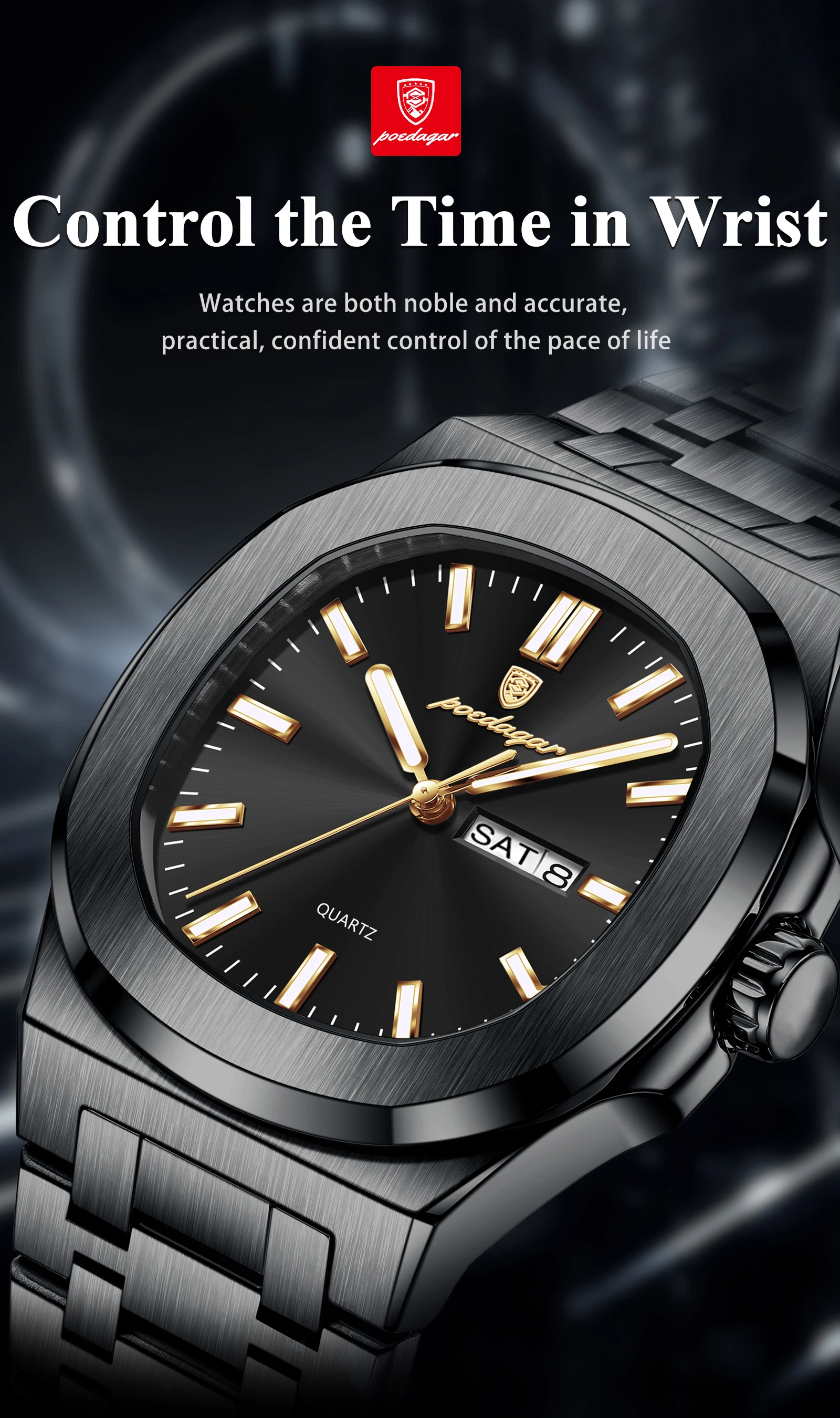 POEDAGAR Luxus Platz herren Uhren Wasserdicht Leucht Datum Woche Männer Uhr Edelstahl Mode Quarz Mann Armbanduhr Reloj – Detail 2
