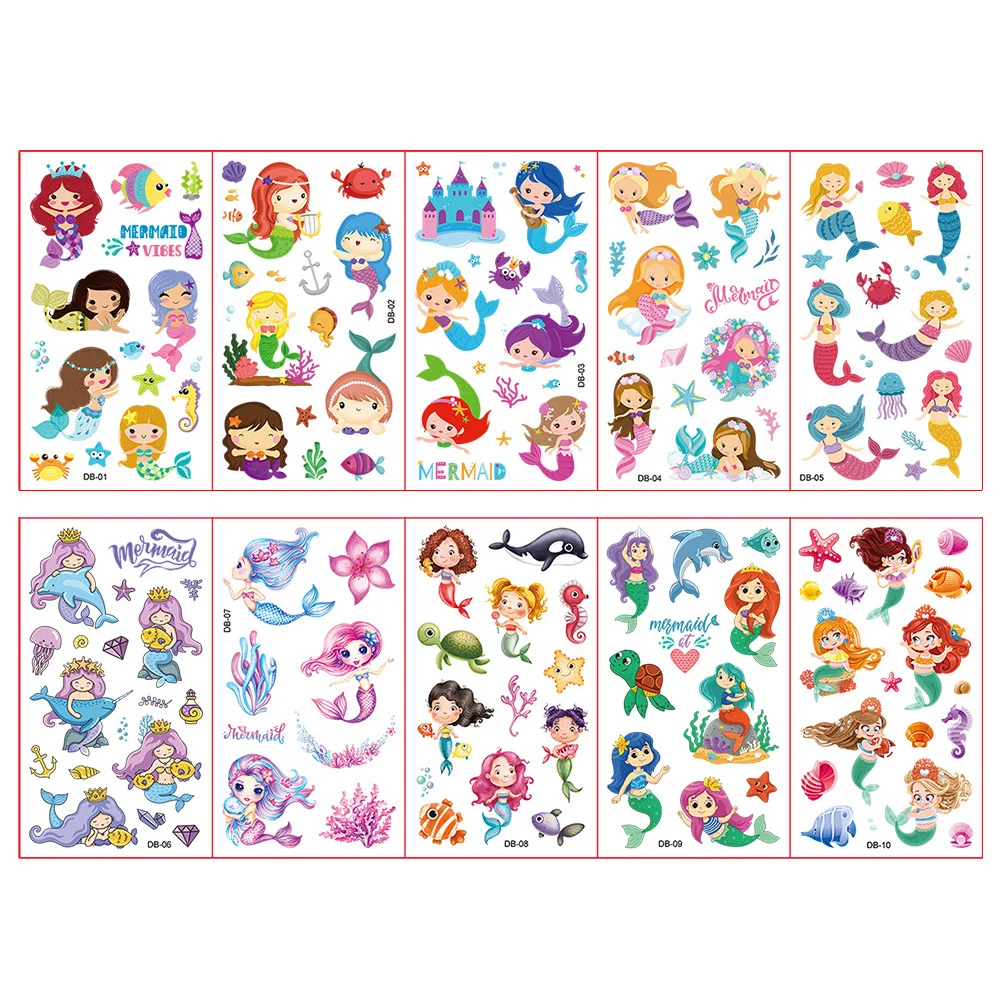 10 Pcs/Set Mermaid Tattoo Stickers for Children Temporary Tattoo Kids Face Body Arm Cute Tattoo Sticker