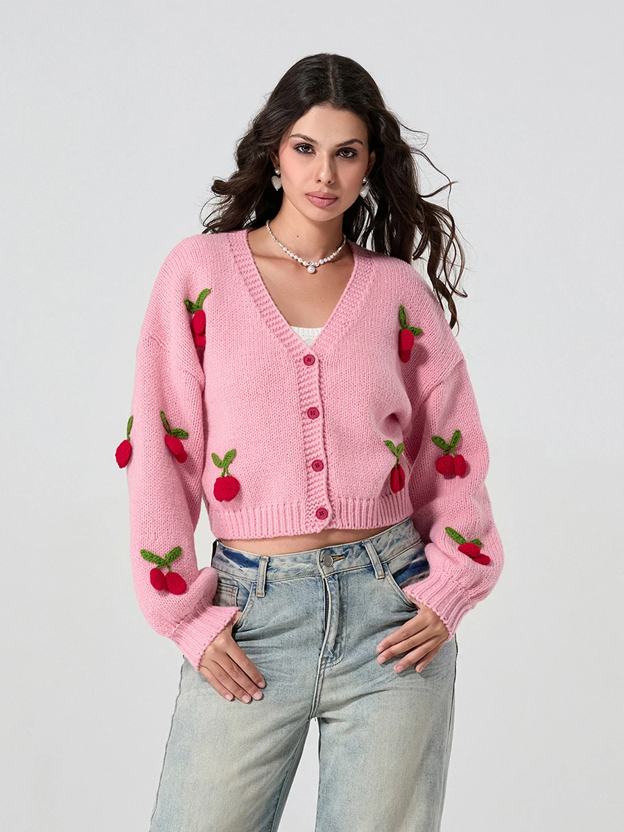 wsevypo Fall Winter Sweet Knit Sweaters Coats Women\'s Strawberry/Cheery Decor Long Seeve V-neck Button down Cropped Cardigans