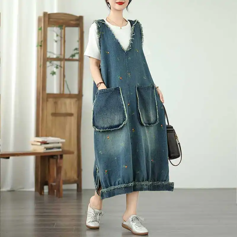 2025 nuevo vestido de chaleco de mezclilla suelto informal con capucha y cuello en V bordado con bolsillo grande para mujer de verano