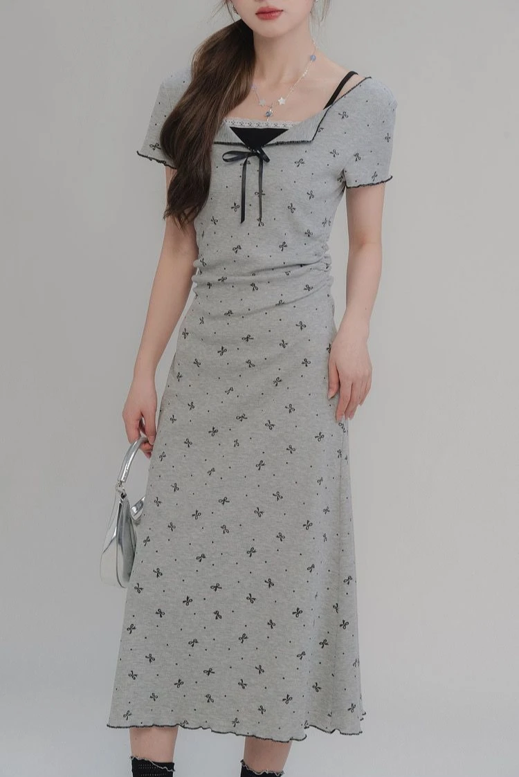 Schickes, kurzärmliges Maxi-Bodycon-Kleid in A-Linie mit Schmetterlings-Schleifenkragen, geripptes, zweiteiliges, schlankmachendes langes Kleid für den Frühling und Sommer