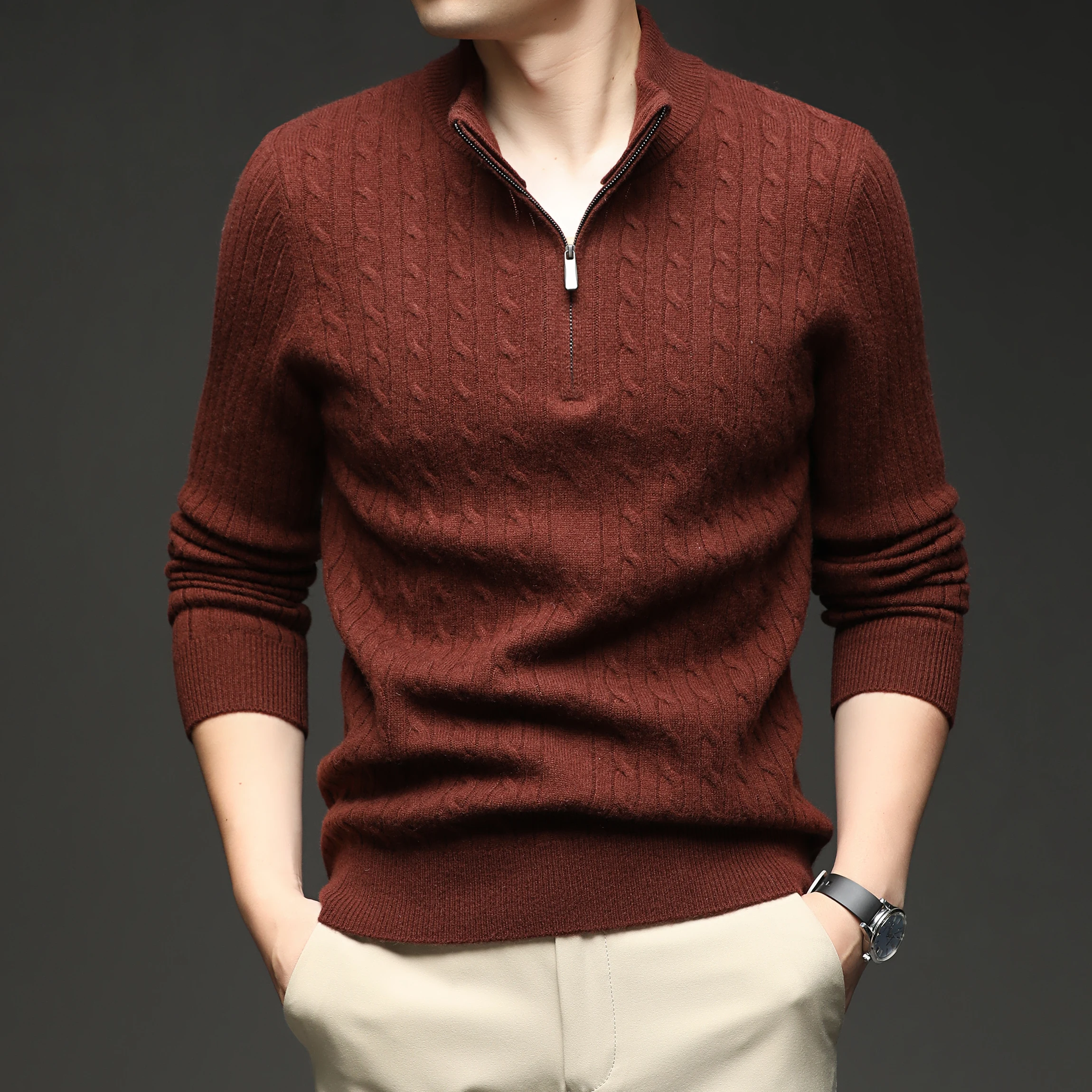 

100% Sheep Wool Clothes Autumn Winter Classic Stand Collar Sweater Male Fashion Twisted Knit Clothes Long Sleeve Zipper Jumpers