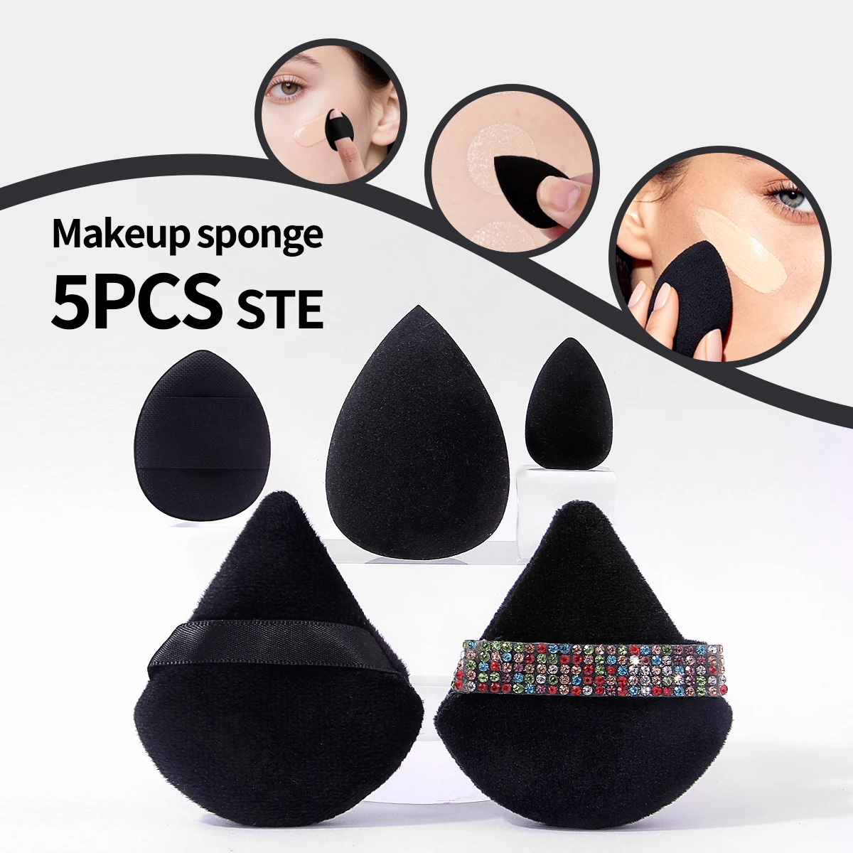 Juego de Esponjas de Maquillaje Negras 5 en 1 en Oferta, 5 Esponjas de Maquillaje en Forma de Lágrima y Triángulo con Pedrería para Base y Corrector