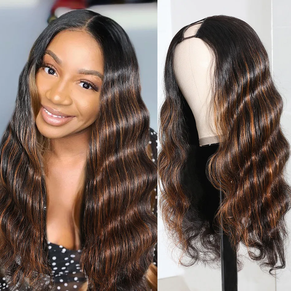 Unice Hair Brown Highlight Body Wave U Part Wig 100% Human Hair U Part Wig 150% Density