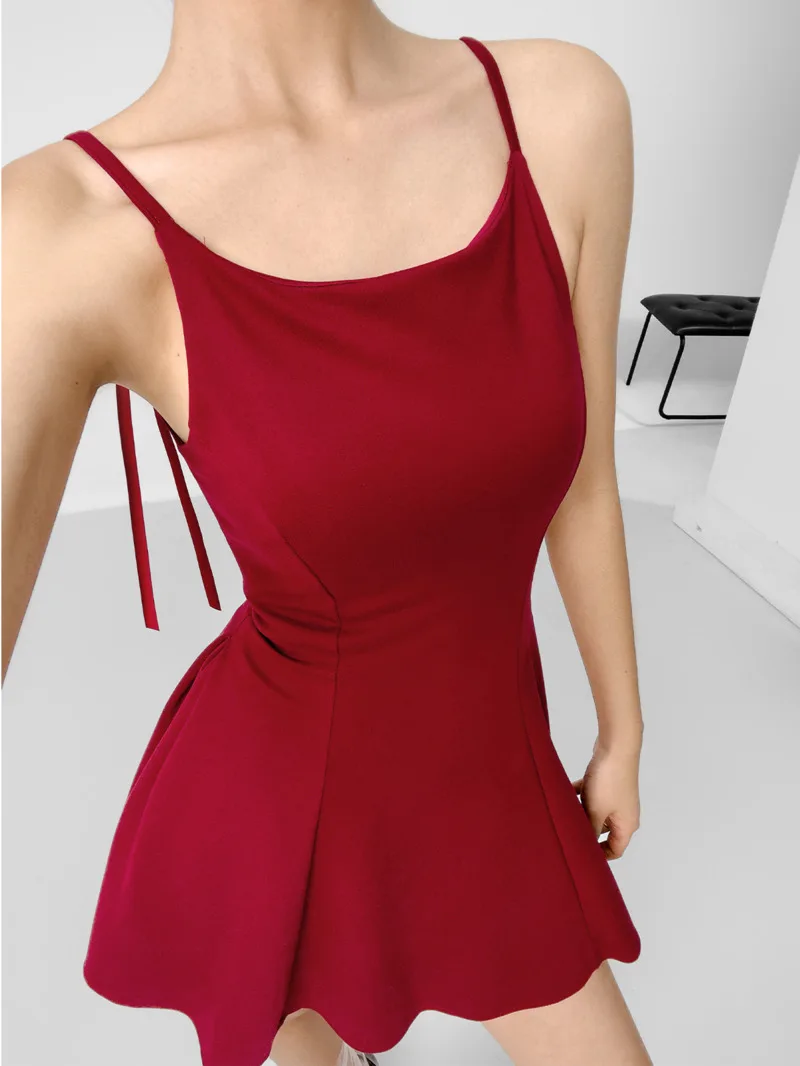 French Hepburn Style Solid Sling Dress Women's Summer Ribbons Sleeveless Waist Cinched Short Style A-line Mini Dress D327