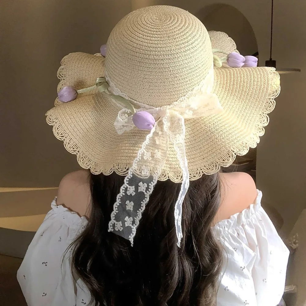 

Fashion Sweet Lace Tulip Sun Hat Korean Style Flat Top Straw Woven Hat Wide Brim Elegant Bow Sunscreen Hat Spring Summer