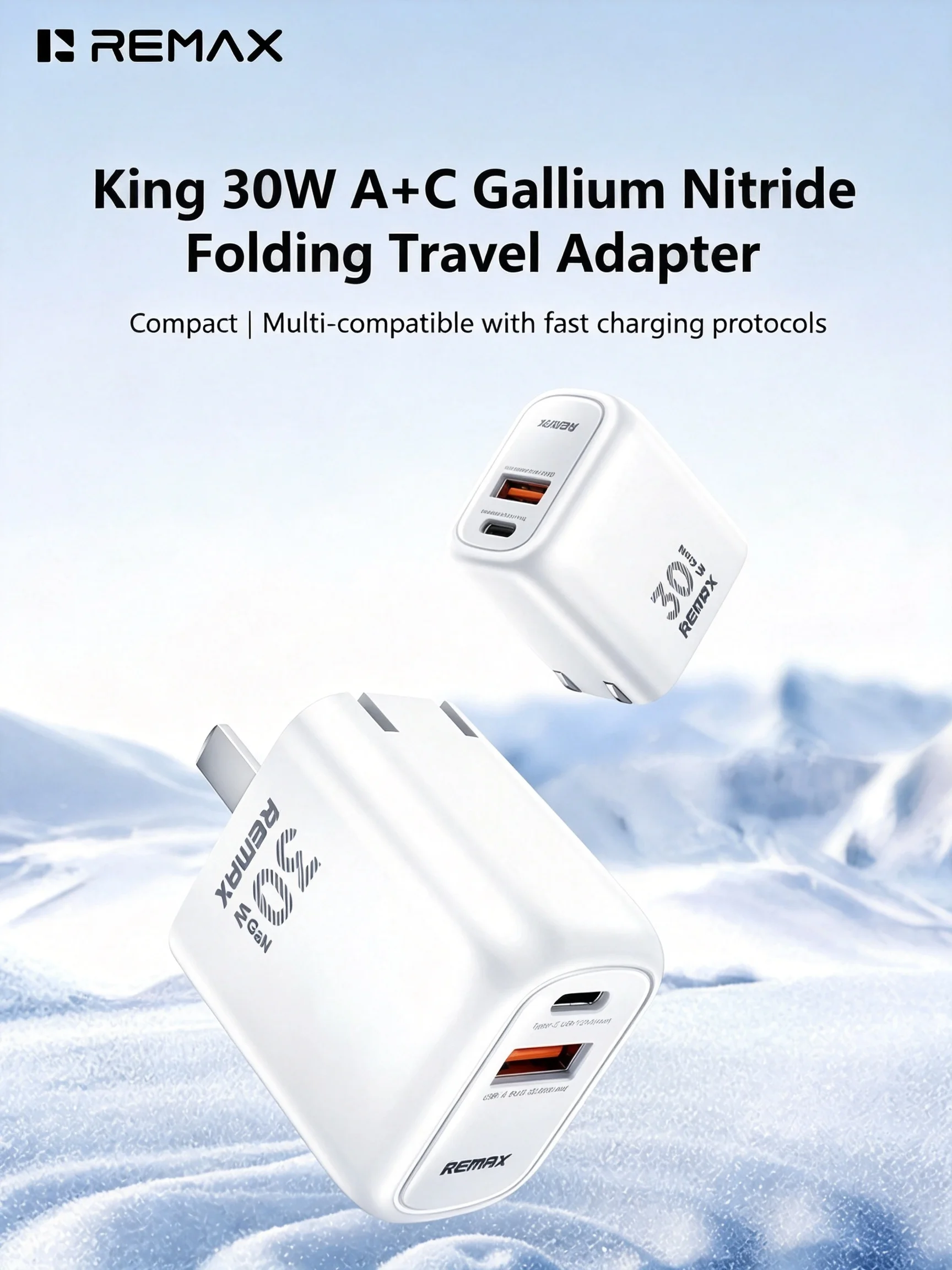 REMAX 30W GaN Dual Port Charger 1A1C PD3.0 QC3.0 Fast Charging Foldable Travel Wall Adapter with Multi Protection for Phone Tabl