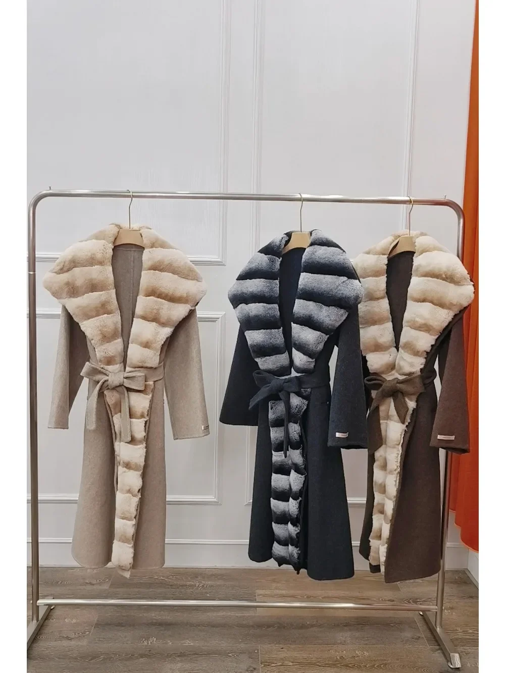 المرأة الطبيعية ريكس الأرنب الفراء الصوف يمزج سميكة الدافئة ملابس خارجية طويلة مع حزام عارضة الفراء الحقيقي هود معطف الشتاء سترة #2